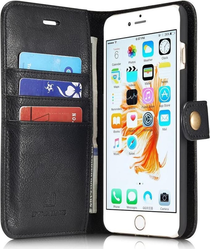 Echt Leren Portemonnee Hoesje Zwart Geschikt voor Apple iPhone 6/6S