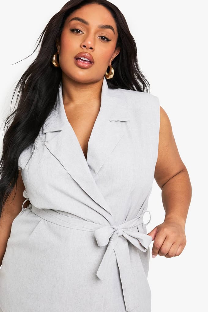 boohoo Dames Plus linnen-look mouwloze blazer met ceintuur | Grey Marl | Maat: 26