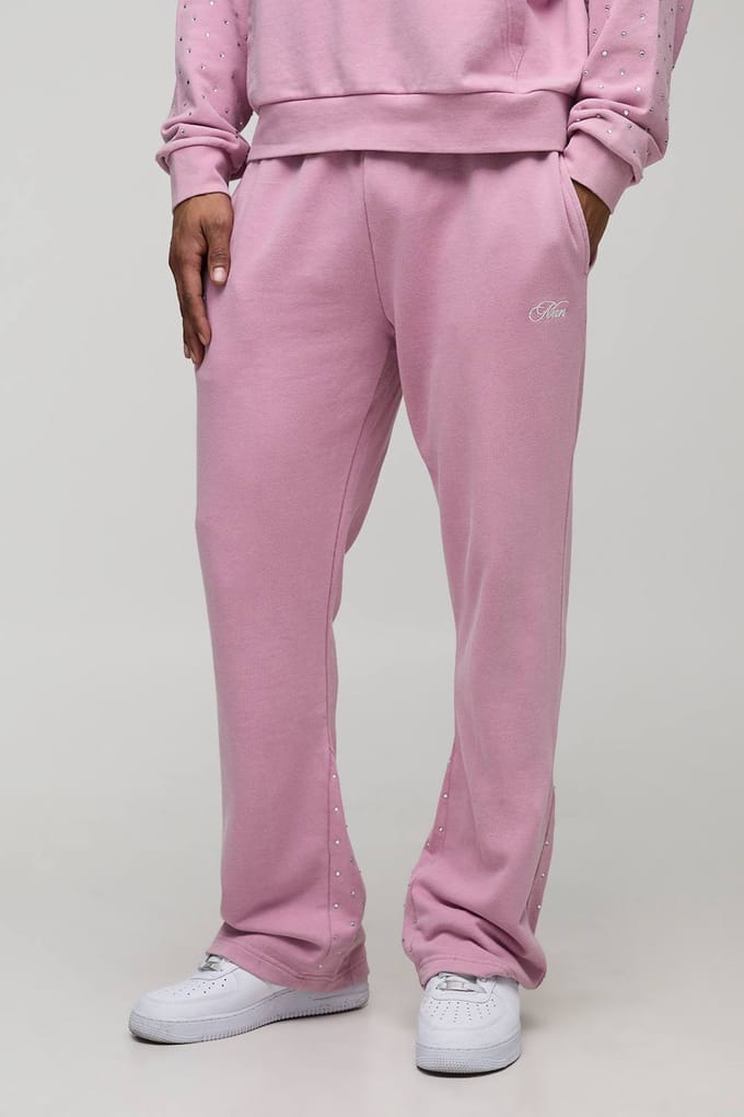 Reguliere pasvorm heren joggers met script, strass en gewassen inzet | Pink | Size Medium