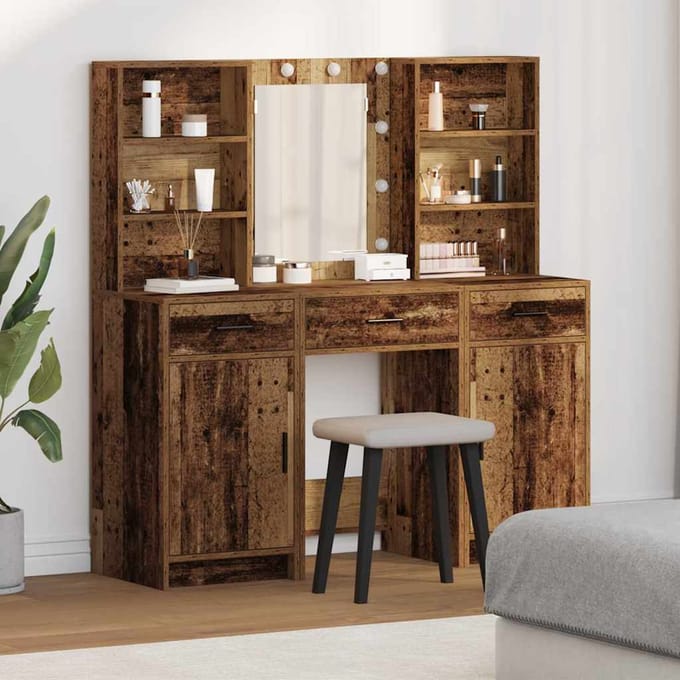 vidaXL - Dressing - tafel - set - met - LED - 3 - st - Oudhout - Bewerkt - hout