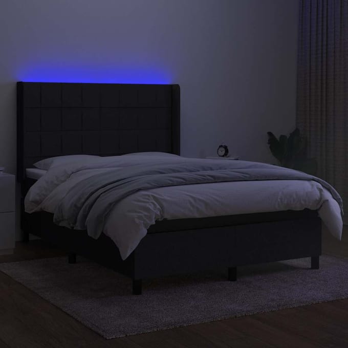 vidaXL - Boxspring - met - matras - en - LED - stof - zwart - 140x190 - cm