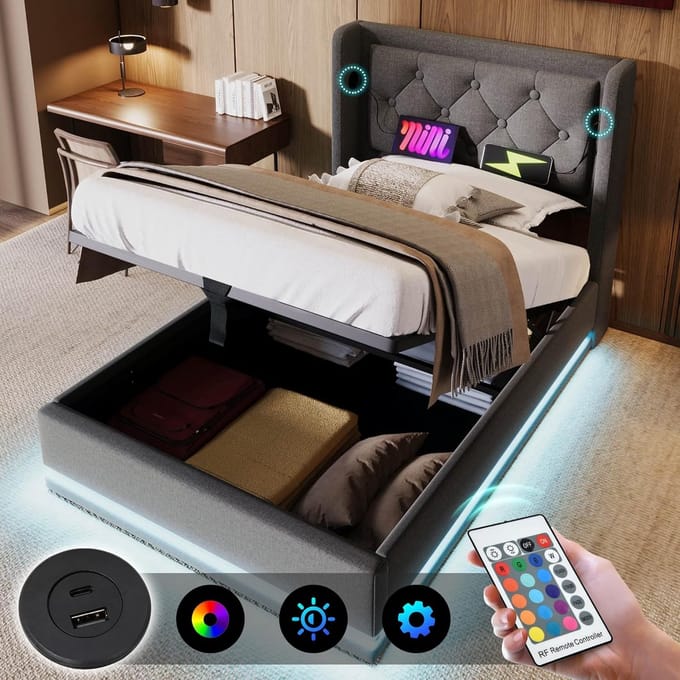 Eenpersoonsbed 90x200 met USB-C, Inclusief Lattenbodem en Opbergvak