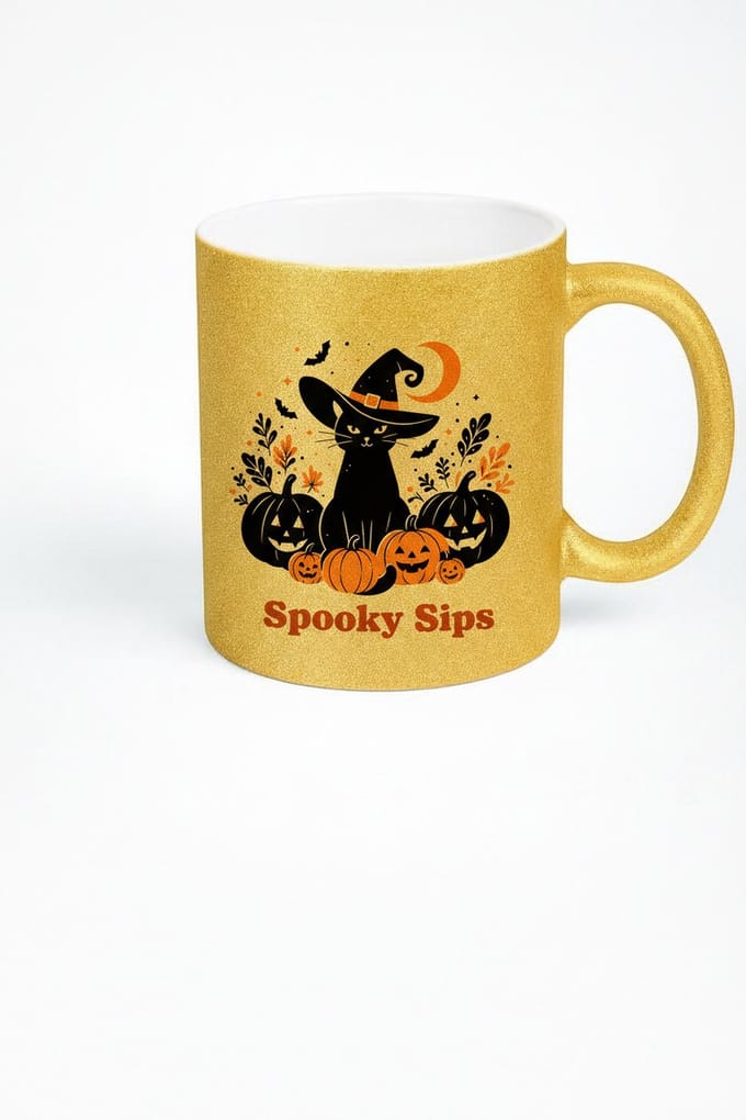 Spooky Sips Halloween Mok - Gouden Glitter Heksenkat Koffiemok