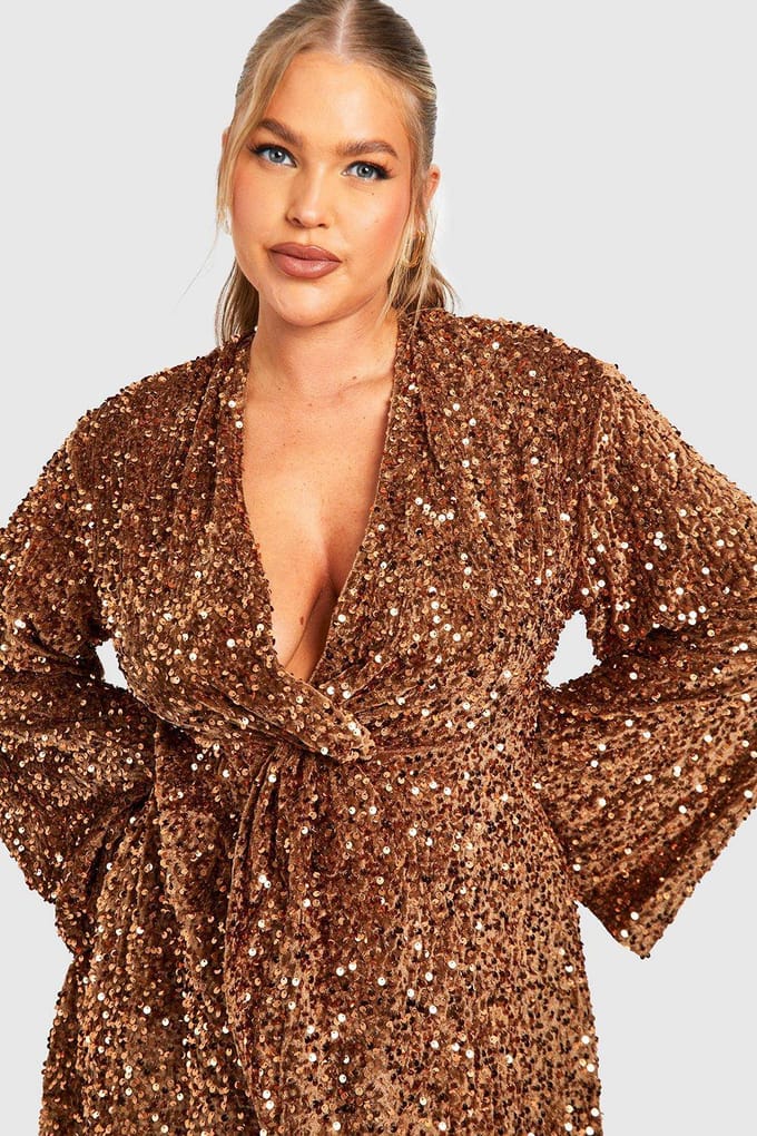 boohoo Dames Plus Sequin Fluweel Twist Front Jurk | Chocolate | Maat: 18