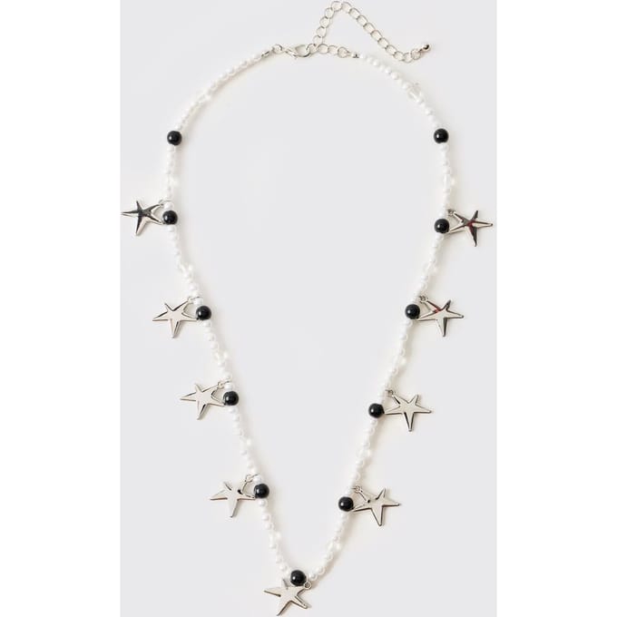 White Faux Pearl Necklace with Silver Stars