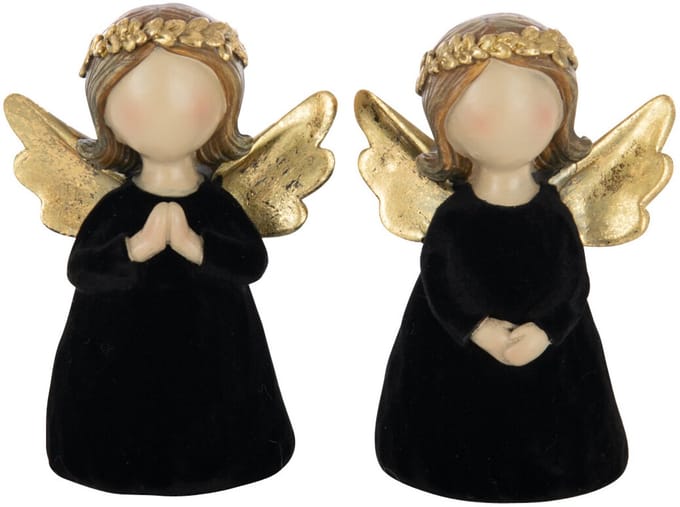 J-Line figuur Engel - polyresin/fluweel - zwart - small - 2 stuks