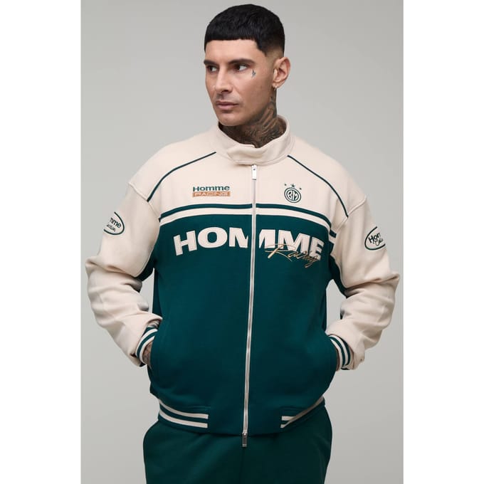 Tall Boxy Fit Biker Collared Colour Block Moto Jersey Jacket | Forest | Size Small