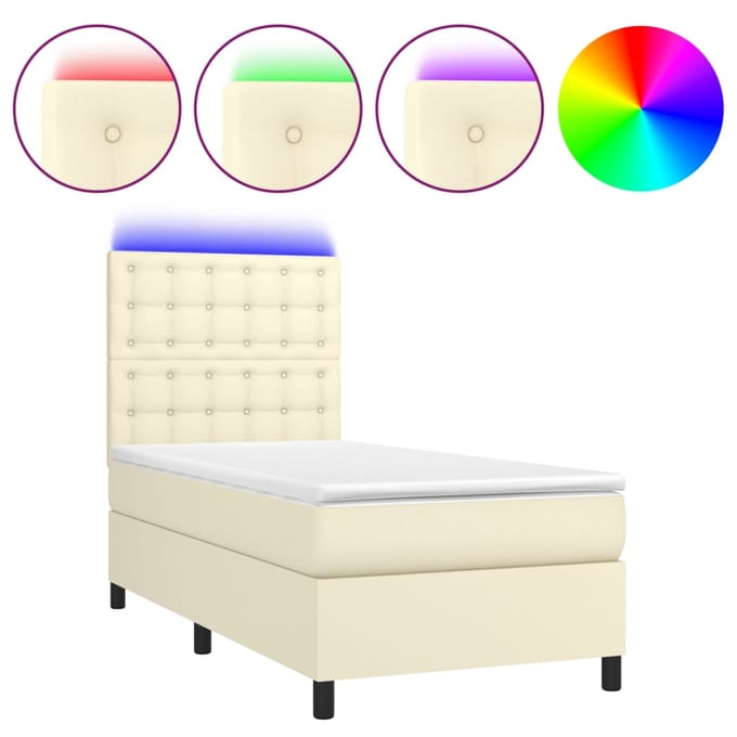 vidaXL - Boxspring - met - matras - en - LED - kunstleer - crèmekleurig - 90x190 - cm