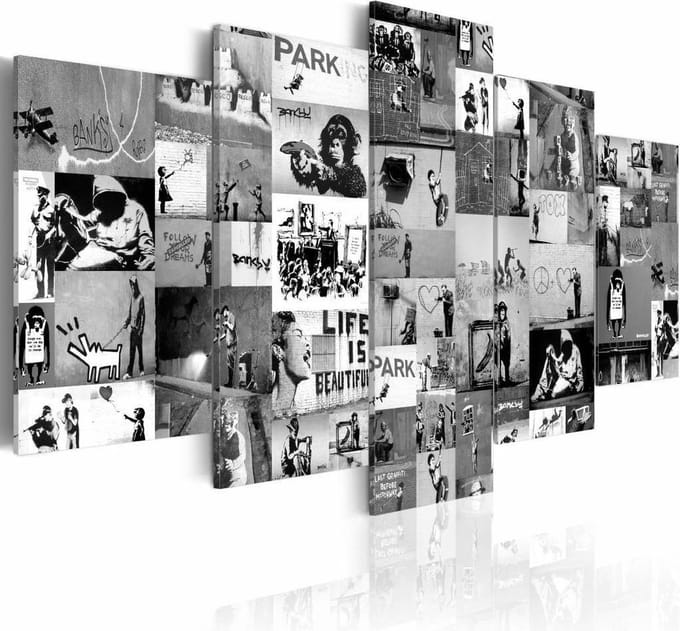 Schilderij - Collage Banksy , Zwart-Wit, 5luik