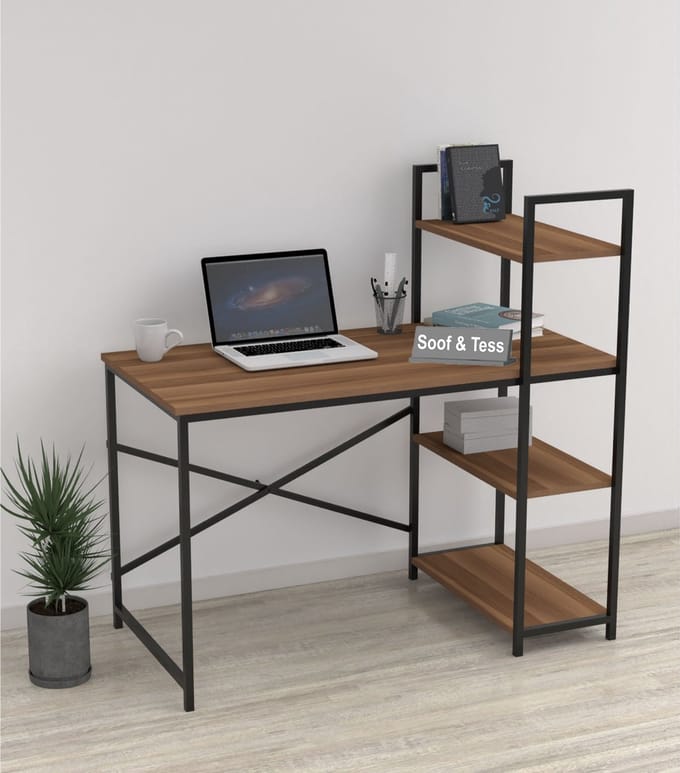 Soof&Tess - Bureau - Computertafel met planken - Thuiskantoor - Industrieel - Vintage - Bruin/zwart
