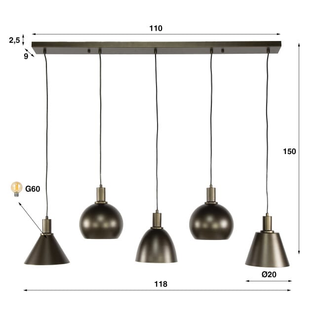 Hoyz Collection - Hanglamp Metallo Mix 5-lichts - Sienna Bruin