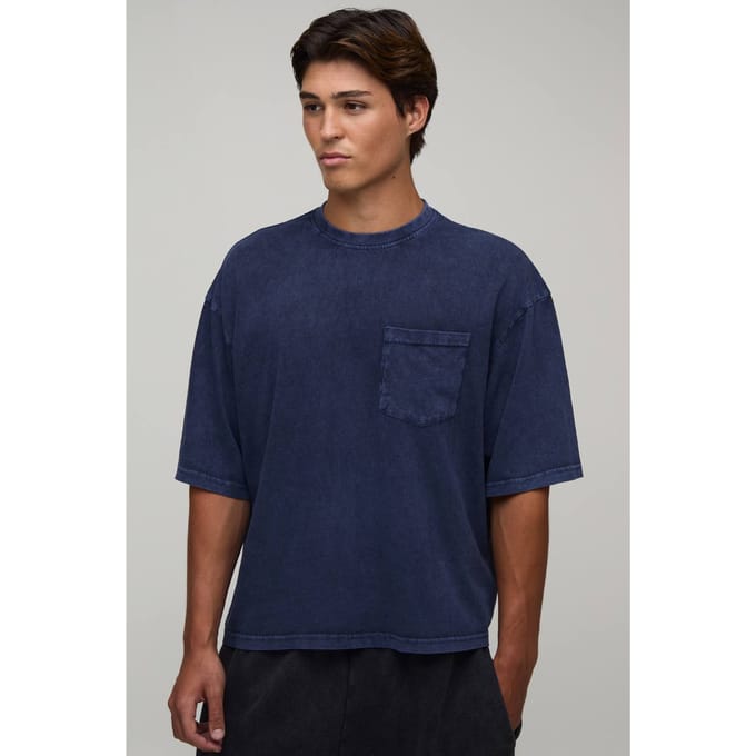 Essentieel Gewassen Oversized Boxy T-shirt Met Borstzak | Navy | Size Large
