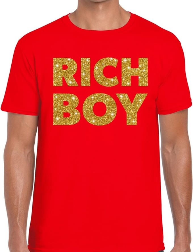 Rich boy goud glitter tekst t-shirt rood voor heren L