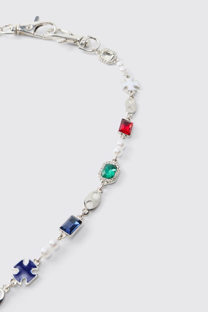 Jeanketting Met Edelstenen En Imitatieparels | Silver