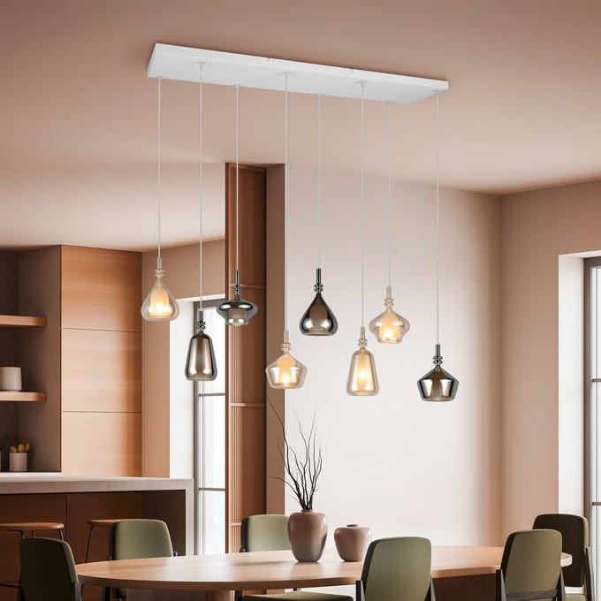 Trio Lighting Hanglamp Aldea, lengte 115 cm wit/amber/chroom glas, 8-lamps.