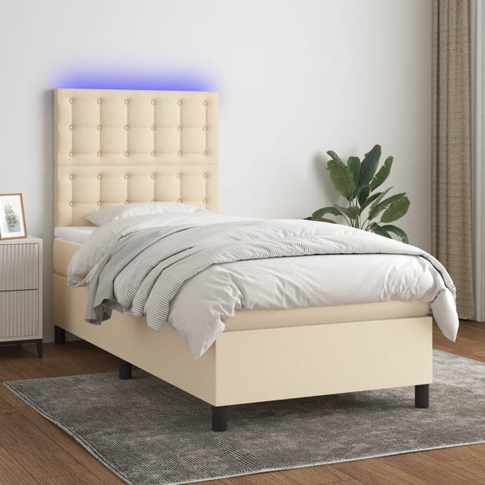 vidaXL - Boxspring - met - matras - en - LED - stof - crèmekleurig - 90x190 - cm