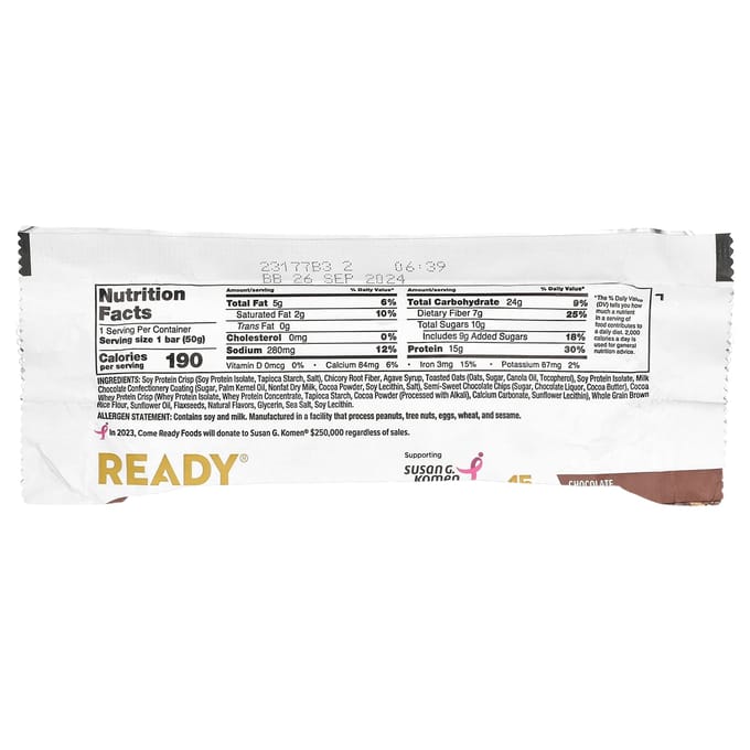 Barre Protéinée Ready, Clean, Pépites de Chocolat, 1,76 oz (50 grammes)