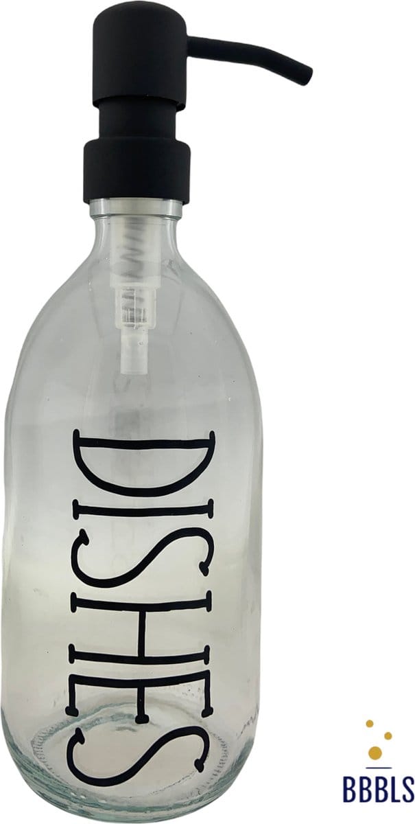 BBBLS® Design Dispenser "Dishes" | Transparant Glas | 500ml | RVS / Metaal Pomp Zwart | Zeeppomp | Zeepdispenser | Zeephouder