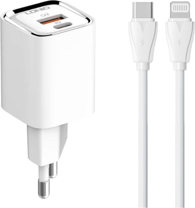 LDNIO 2in1 Oplader USB-C en USB-A - USB-C naar Lightning kabel - 30W - Snellader - Wit