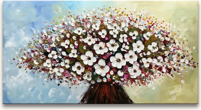 Handgeschilderd schilderij Olieverf op Canvas - Wit Roze Bloemen