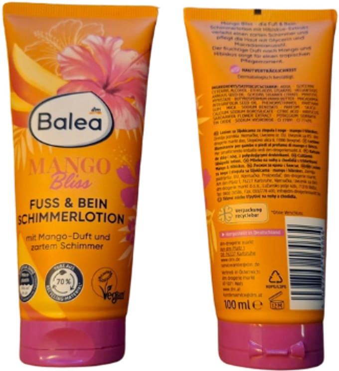 Balea Voet & Been Schimmerlotion - Mango Bliss | 1x 100ml - Mango- & Hibiscusextract | Voetcrème & Beenlotion - Zachte glinstering