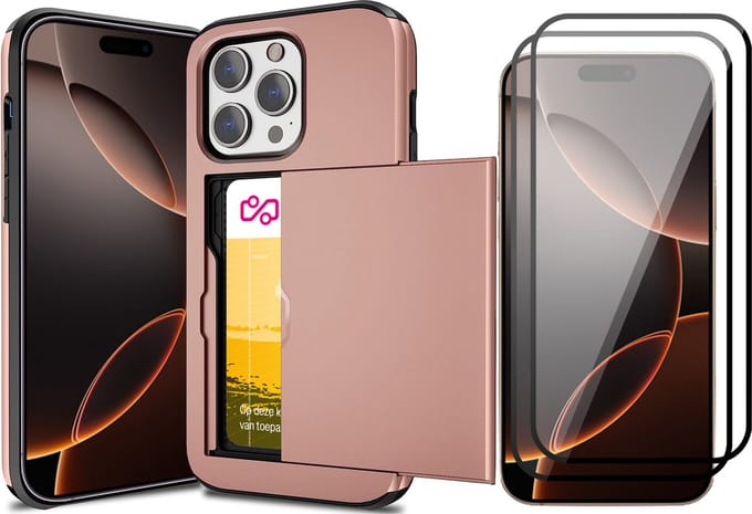 Hoesje met Pasjeshouder geschikt voor iPhone 16 Pro - 2x Screen Protector FullGuard - Back Cover SlideCase Roségoud & Screenprotector