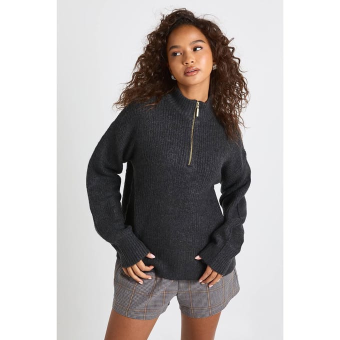 boohoo Dames Zachte oversized gebreide trui met ritssluiting aan de nek | Charcoal | Maat: Small