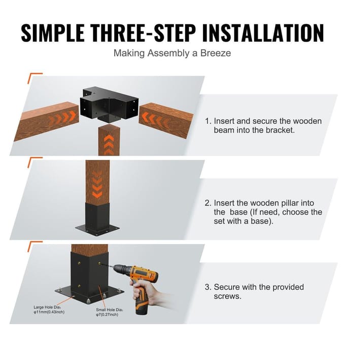 Pergola Beugel Kit 4''x4'', Binnenmaat 3.6 x3.6 2 stuks 4-Weg Robuuste Hoekbeugel Houtbewerking Doe-het-zelf Paalvoet Kit, Eenvoudige Installatie Houten Balken voor