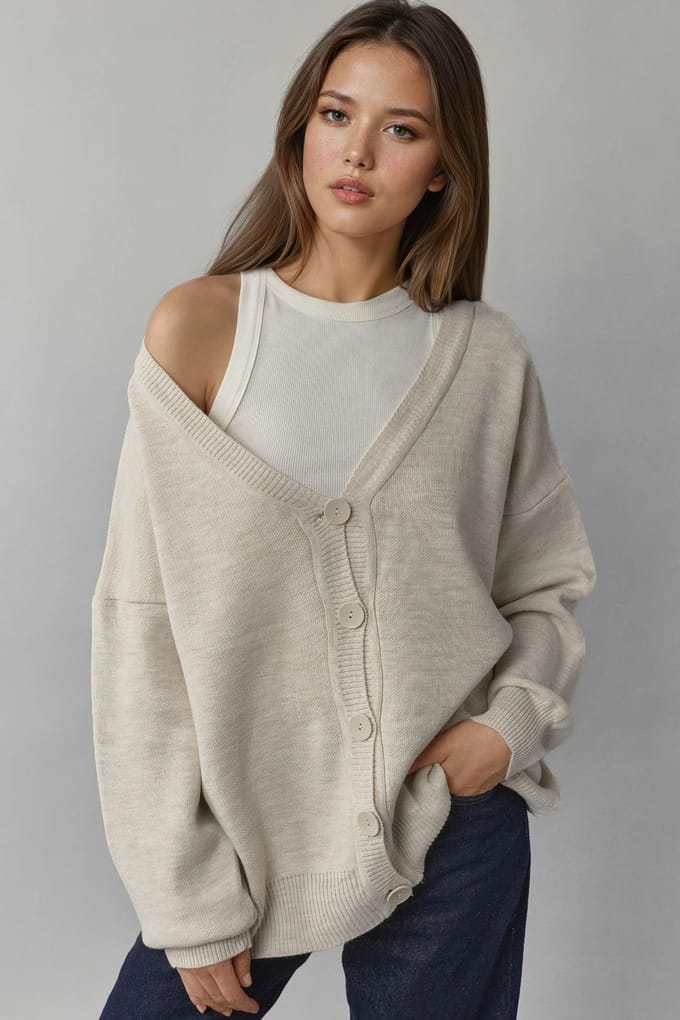 Oversized Geribbelde V-hals Knopen Cardigan