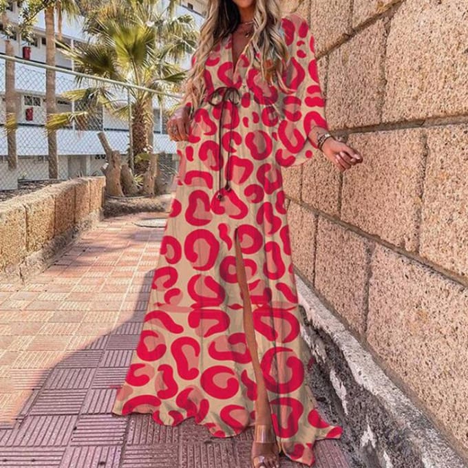 Lente Damesmode V-hals Bedrukt Elegant Vetersluiting Lange Jurk 3XL red
