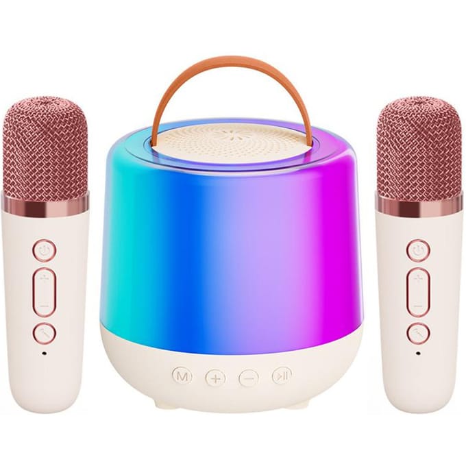 Karaoke Machine Mini Draadloze Microfoon en Luidspreker Set met 2 Microfoons Home KTV Set LED Kleur wit