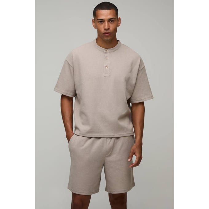 Oversized Boxy Waffle Henley T-Shirt & Baggy Shorts Set | Stone | Size Large