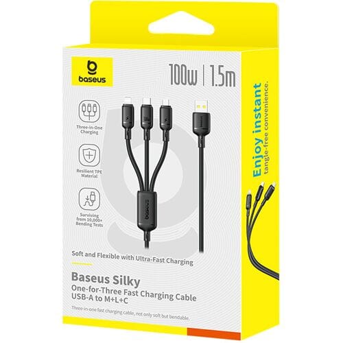 USB-A - Lightning / microUSB / USB-C Baseus Silky 3in1 Oplaadkabel, 100W, 1.5m, Zwart P10377705123-00