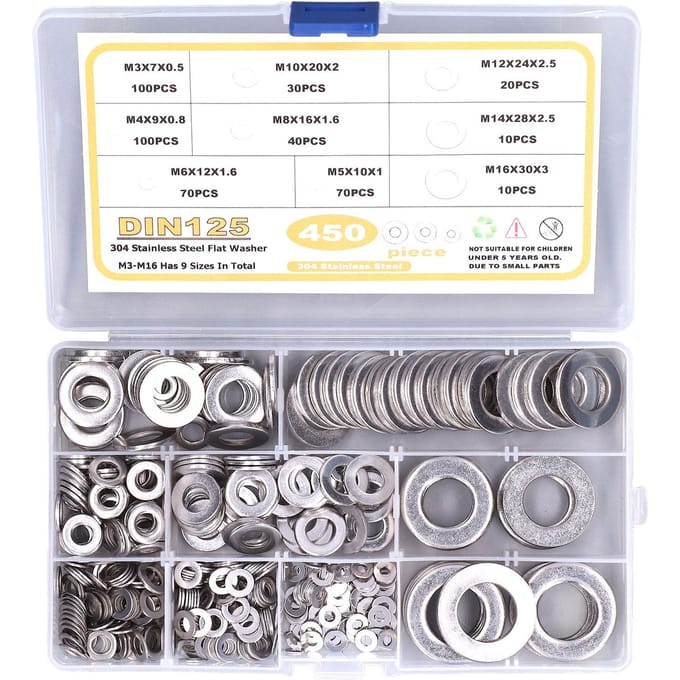 450 stuks platte ring 304 roestvrij staal M3 M4 M5 M6 M8 M10 M12 M14 M16 assortimentsset