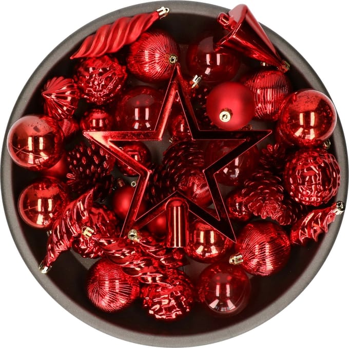 Decoris kerstballen, ornamenten en piek set - 60-delig - rood - kunststof - kerstversiering