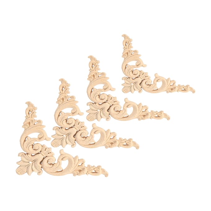 4 STUKS Rubberhout Gesneden Hoek Onlay Applique Meubel Bloemvorm Ongeschilderd 12x 12cm beige