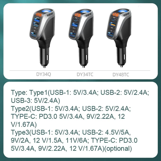 OZiO Autolaadadapter Multifunctioneel Snellaadapparaat met Spanningsweergave voor 12-24V Auto Type 1 zilver