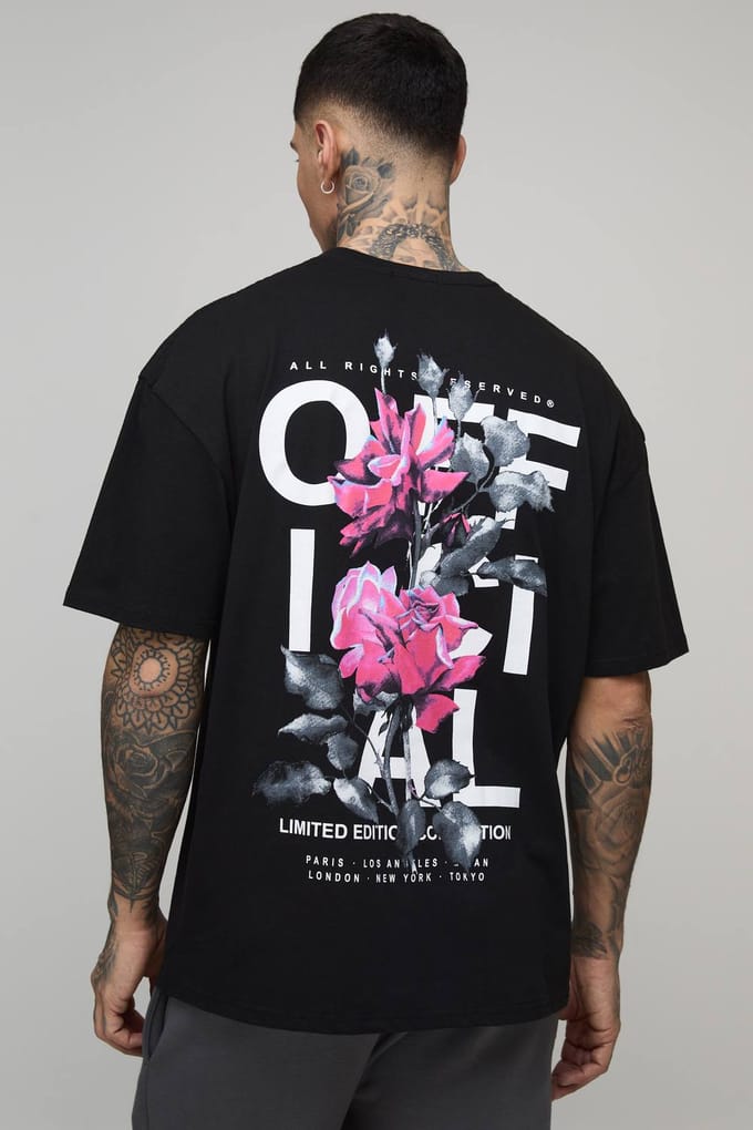 Lange oversized rozenprint officiële t-shirt | Black | Size Medium