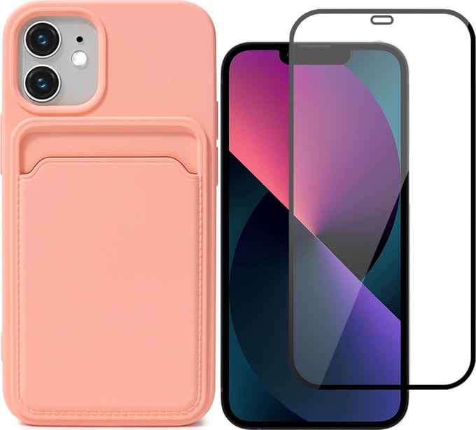 iPhone 12 Mini Hoesje Pasjeshouder Roze - Siliconen Case Back Cover + Full Screen Protector Glas Screenprotector