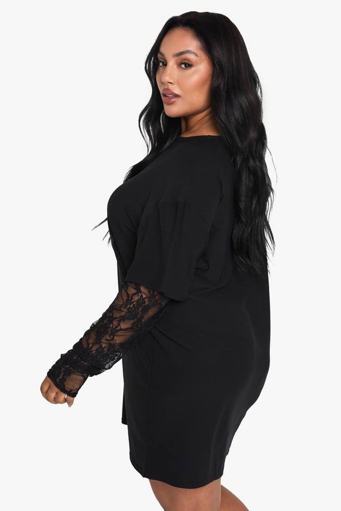 boohoo Dames Plus kanten mouw oversized T-shirt jurk | Zwart | Maat: 56