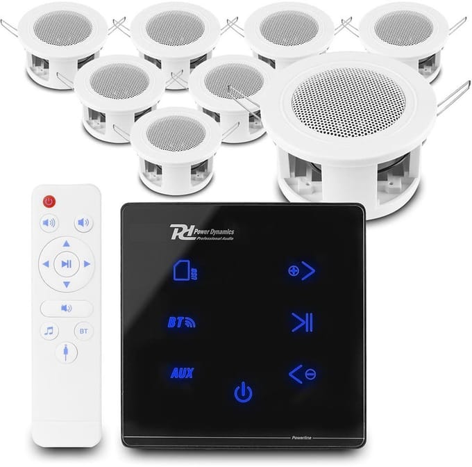 Power Dynamics set van 8 CSBA3L plafondspeakers met de A100B inbouw versterker - Bluetooth - 4x 20W