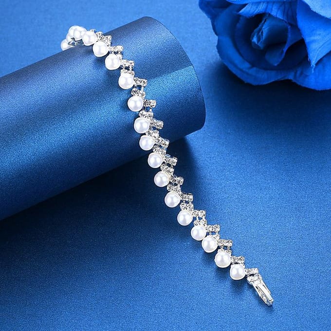 Mode Drie Delig Bruids Sieraden Set Elegante Strass Parel Oorbellen Ketting Armband Set 2 blue