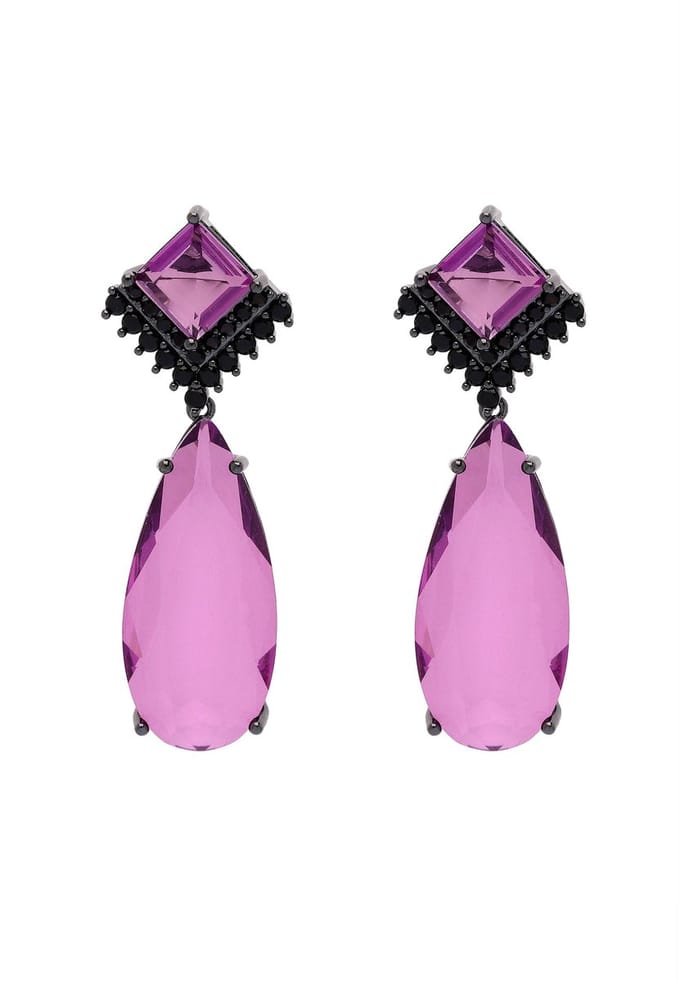 AVANT-GARDE PARIS Raindrop Earrings - Violet Teardrop Design - 1 Pair - Rhodium Plated with Black Bead Detailing