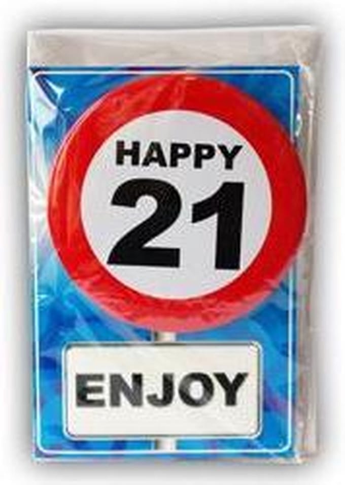 Verjaardagskaart met button 21 jaar