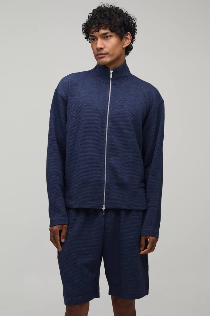 Oversized Boxy Geribbeld Trainingspak Met Dubbele Ritssluiting En Col Kort Model | Navy | Size Medium