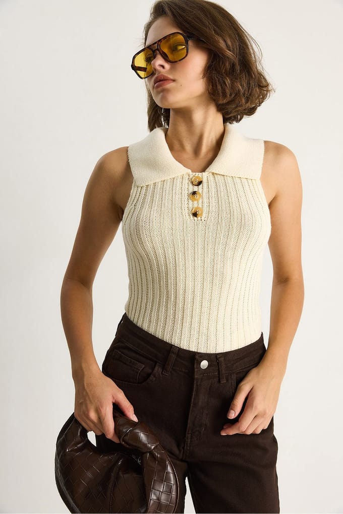 Gebreide Blouse met Knopen Sluiting