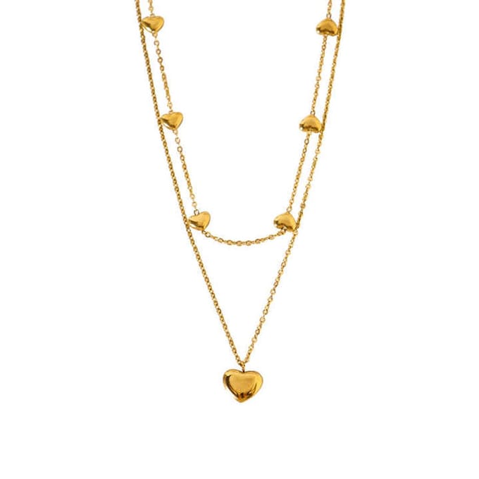 Luxxie - Dubbellaags Hartjes Ketting - Goudkleurig - RVS - 42 cm