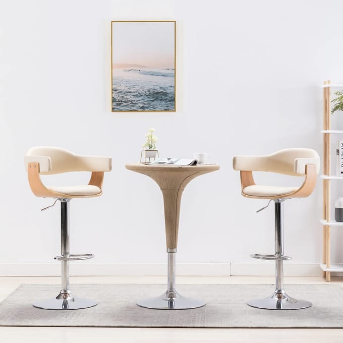 vidaXL - Barkrukken - 2 - st - gebogen - hout - en - kunstleer - crèmekleurig