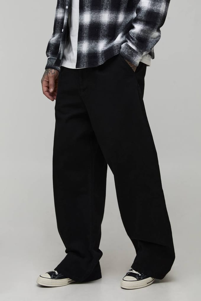 Tall Wide Fit Half & Half Waistband Washed Twill Trouser | Black | Size Medium
