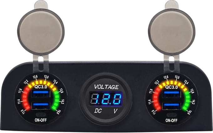 ProRide 12V USB Autolader 4 Poorten - QC3.0 - P19103 - Drievoudig opbouw paneel met Voltmeter